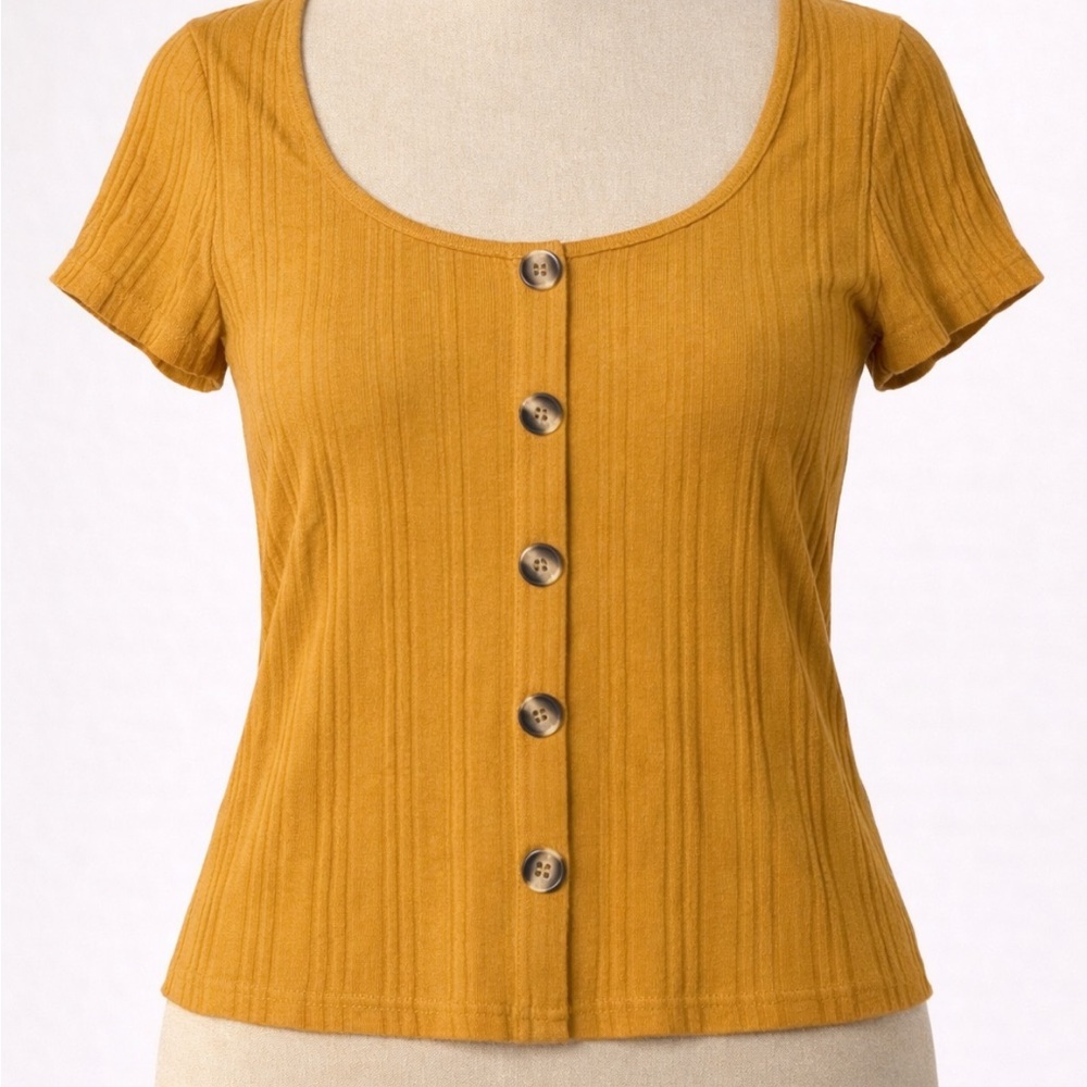 Mustard Button-Front Ribbed Top